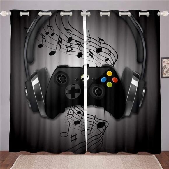Games Curtains Black Grey Headphones Musical Notes Design Gamepad Window Curtain - Picture 1 of 7